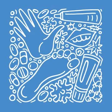 Vector doodle set Eczema, illness symptoms, bacteria and methods of treatment Stock Illustration