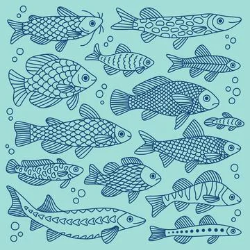 Vector doodle set of fish of different shapes with various hand-drawn patterns Stock Illustration
