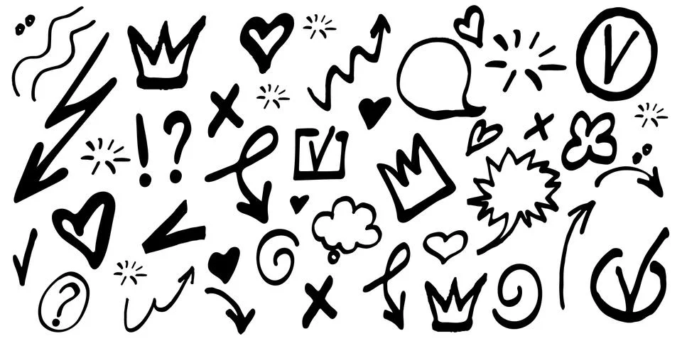 Vector doodle set of Hand drawn design elements. Arrow, check mark, signs, he 스톡 일러스트