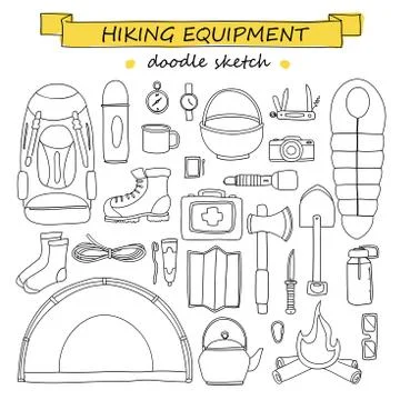 Vector doodle set of hiking and camping equipment. Tourism icons Stock Illustration