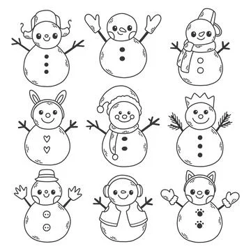 Vector doodle set of holidays snowman. Funny snowmen in different costumes Stock Illustration