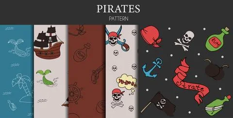 Vector doodle set of pirate seamless patterns. A map with a hand-drawn sketch of 스톡 일러스트