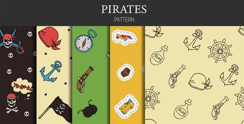 Vector doodle set of pirate seamless patterns. A map with a hand-drawn sketch of 스톡 일러스트