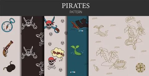 Vector doodle set of pirate seamless patterns. A map with a hand-drawn sketch of 스톡 일러스트