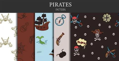 Vector doodle set of pirate seamless patterns. A map with a hand-drawn sketch of 스톡 일러스트