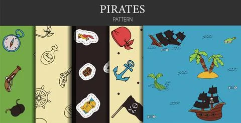 Vector doodle set of pirate seamless patterns. A map with a hand-drawn sketch of 스톡 일러스트
