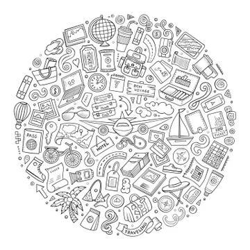 Vector doodle set of travel theme items Stock Illustration