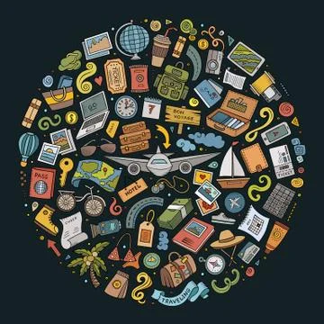 Vector doodle set of travel theme items Stock Illustration