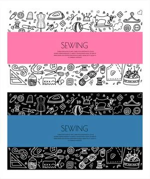 Vector doodle sewing banners. Vector tailoring tools icons. Sewing mannequin Stock Illustration