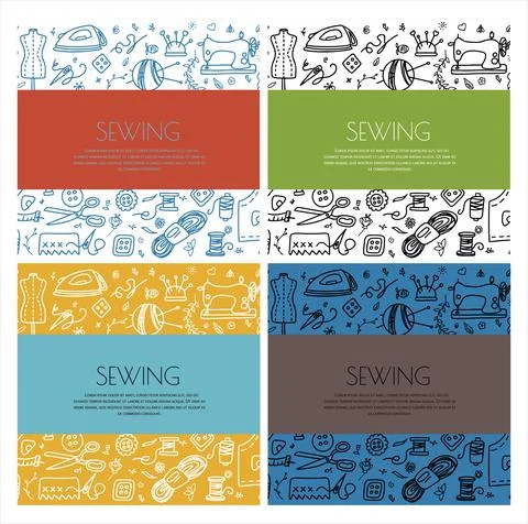 Vector doodle sewing banners. Vector tailoring tools icons. Sewing mannequin Stock Illustration