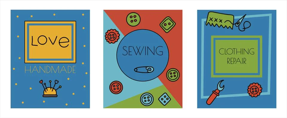 Vector doodle sewing banners. Vector tailoring tools icons. Sewing mannequin Stock Illustration