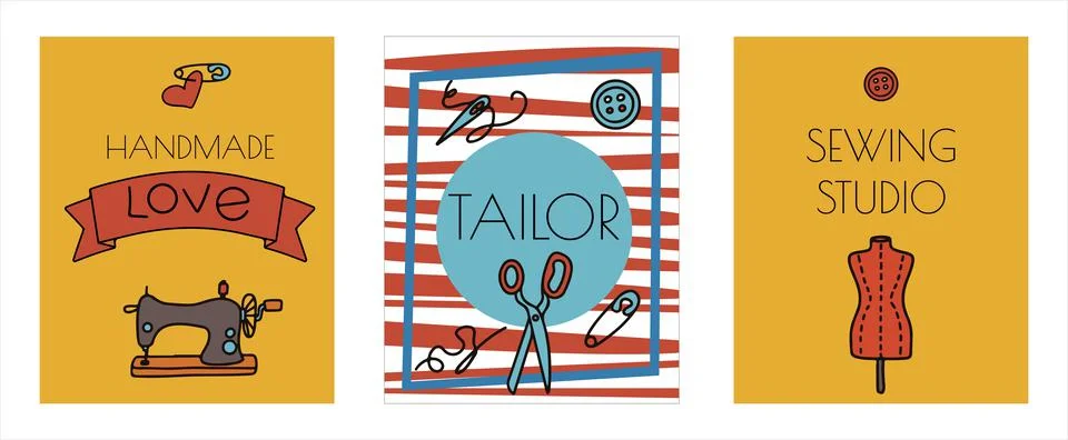Vector doodle sewing banners. Vector tailoring tools icons. Sewing mannequin Stock Illustration
