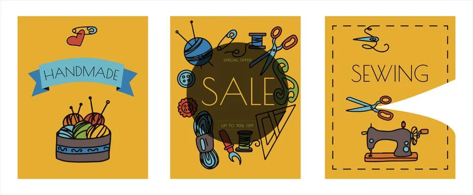 Vector doodle sewing banners. Vector tailoring tools icons. Sewing mannequin Stock Illustration