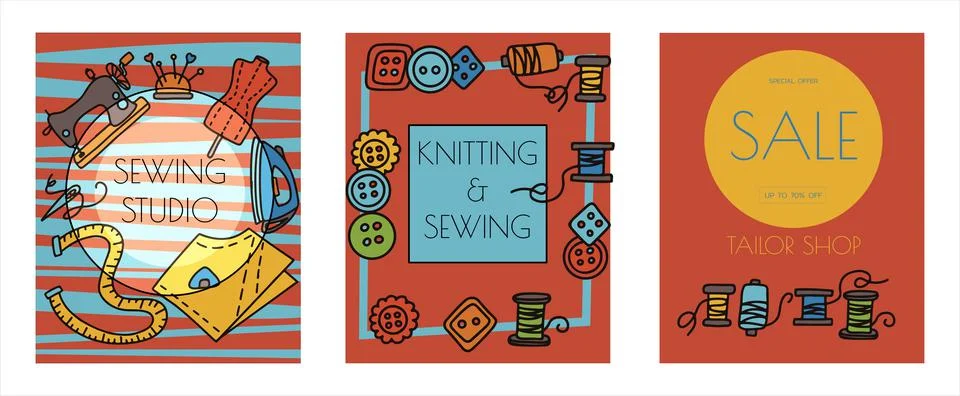 Vector doodle sewing banners. Vector tailoring tools icons. Sewing mannequin Stock Illustration