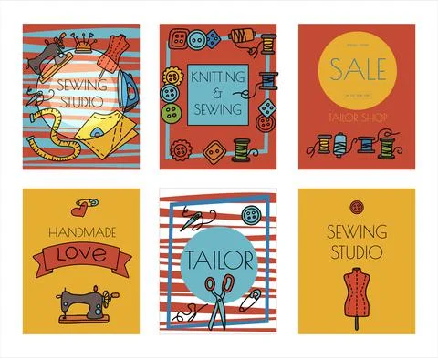 Vector doodle sewing banners. Vector tailoring tools icons. Sewing mannequin Stock Illustration