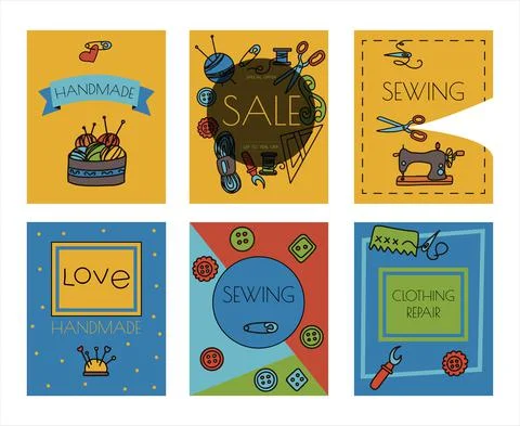 Vector doodle sewing banners. Vector tailoring tools icons. Sewing mannequin Stock Illustration