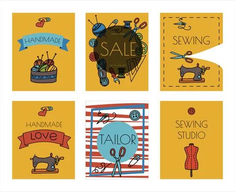Vector doodle sewing banners. Vector tailoring tools icons. Sewing mannequin Stock Illustration