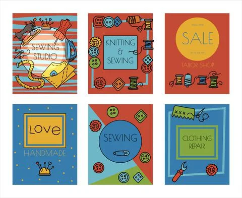 Vector doodle sewing banners. Vector tailoring tools icons. Sewing mannequin Stock Illustration