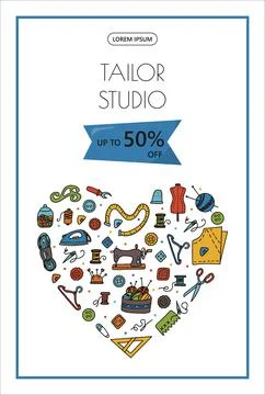 Vector doodle sewing banners. Vector sewing store sale, tailor studio, ads Stock Illustration