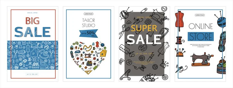 Vector doodle sewing banners. Vector tailoring tools icons. Sewing mannequin Stock Illustration