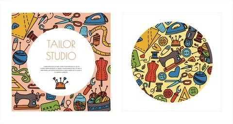 Vector doodle sewing banners. Vector tailoring tools icons. Sewing mannequin Stock Illustration