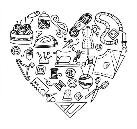 Vector doodle sewing set with heart and love. Vector tailoring tools icons Stock Illustration
