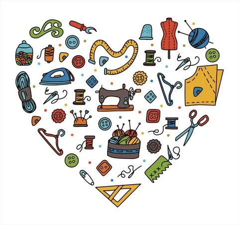 Vector doodle sewing set with heart and love. Vector tailoring tools icons Stock Illustration