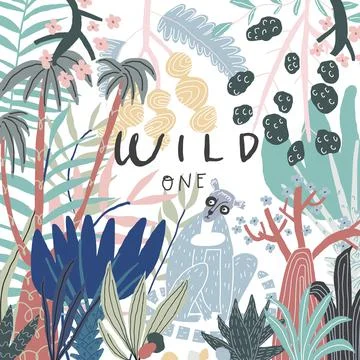 Vector doodle style card with lemur, plants, trees and leaves Stock Illustration