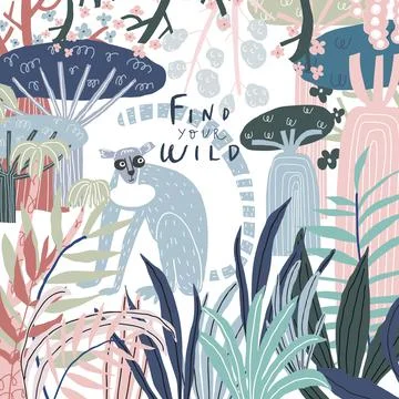Vector doodle style card with lemur, plants, trees and leaves Illustrazione stock