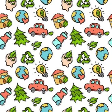 Vector doodle style ecological seamless pattern. Stock Illustration