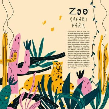 Vector doodle style illustration leopard, exotic plants, jungle leaves Stock Illustration