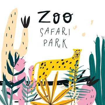 Vector doodle style illustration. Leopard in jungle leaves and plants Stock Illustration