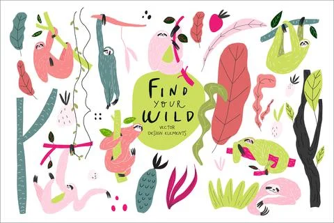 Vector doodle style illustrations objects set. Cartoon character sloth, plant Ilustração Stock