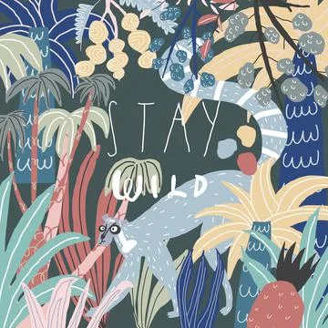 Vector doodle style lemur, plants, trees and leaves. Handwritten quote stay wild Stock Illustration