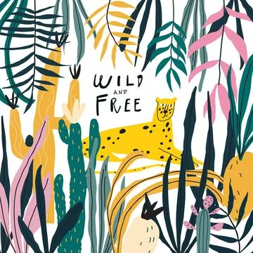Vector doodle style leopard, exotic plants, jungle leaves, handwritten quote Stock Illustration