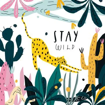 Vector doodle style leopard surrounded with exotic plants, jungle leaves Stock Illustration