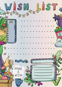 Vector doodle template with creative illustrations and lettering. Wish list,  Stock Illustration