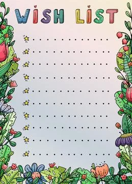 Vector doodle template with creative illustrations and lettering. Wish list,  Illustrazione stock
