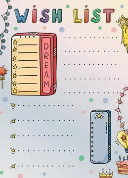 Vector doodle template with creative illustrations and lettering. Wish list,  Stock Illustration