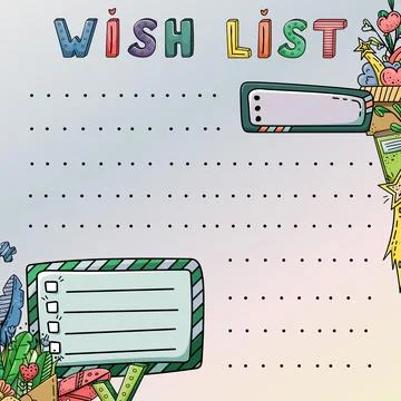 Vector doodle template with creative illustrations and lettering. Wish list,  Stock-Illustration