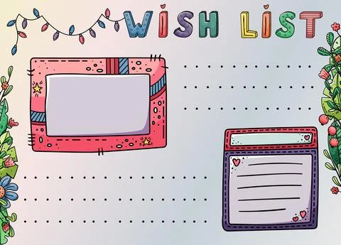 Vector doodle template with creative illustrations and lettering. Wish list,  Illustrazione stock