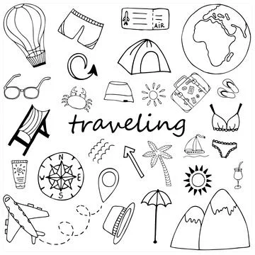 Vector doodle travel set with hand drawn isolated elements Stock Illustration