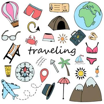 Vector doodle travel set with hand drawn isolated multicolored elements Stock Illustration