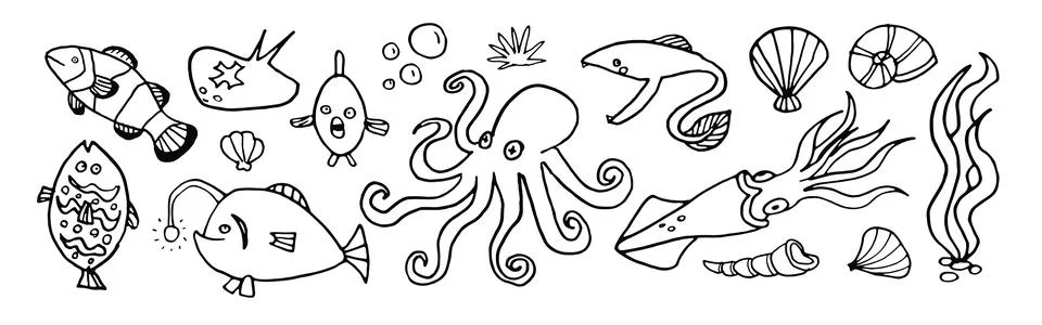 Vector doodle underwater fish set, Outline ocean octopus and shells collection Illustrazione stock