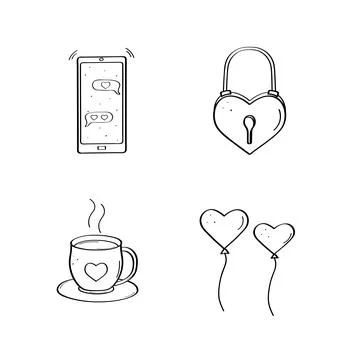 Vector doodle Valentine's Day cartoon icons. Hand drawn symbols of love. A .. Stock Illustration