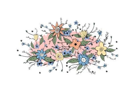 Vector doodle wild flowers and leaves composition. Stock Illustration