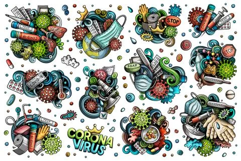 Vector doodles cartoon set of Coronavirus objects and elements Stock Illustration