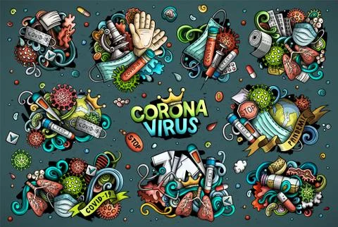 Vector doodles cartoon set of Coronavirus objects and elements Illustrazione stock