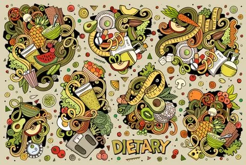 Vector doodles cartoon set of Diet food combinations of objects and elements Illustrazione stock