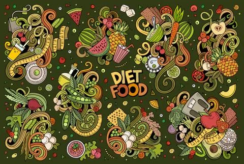 Vector doodles cartoon set of Diet food combinations of objects and elements Stock Illustration